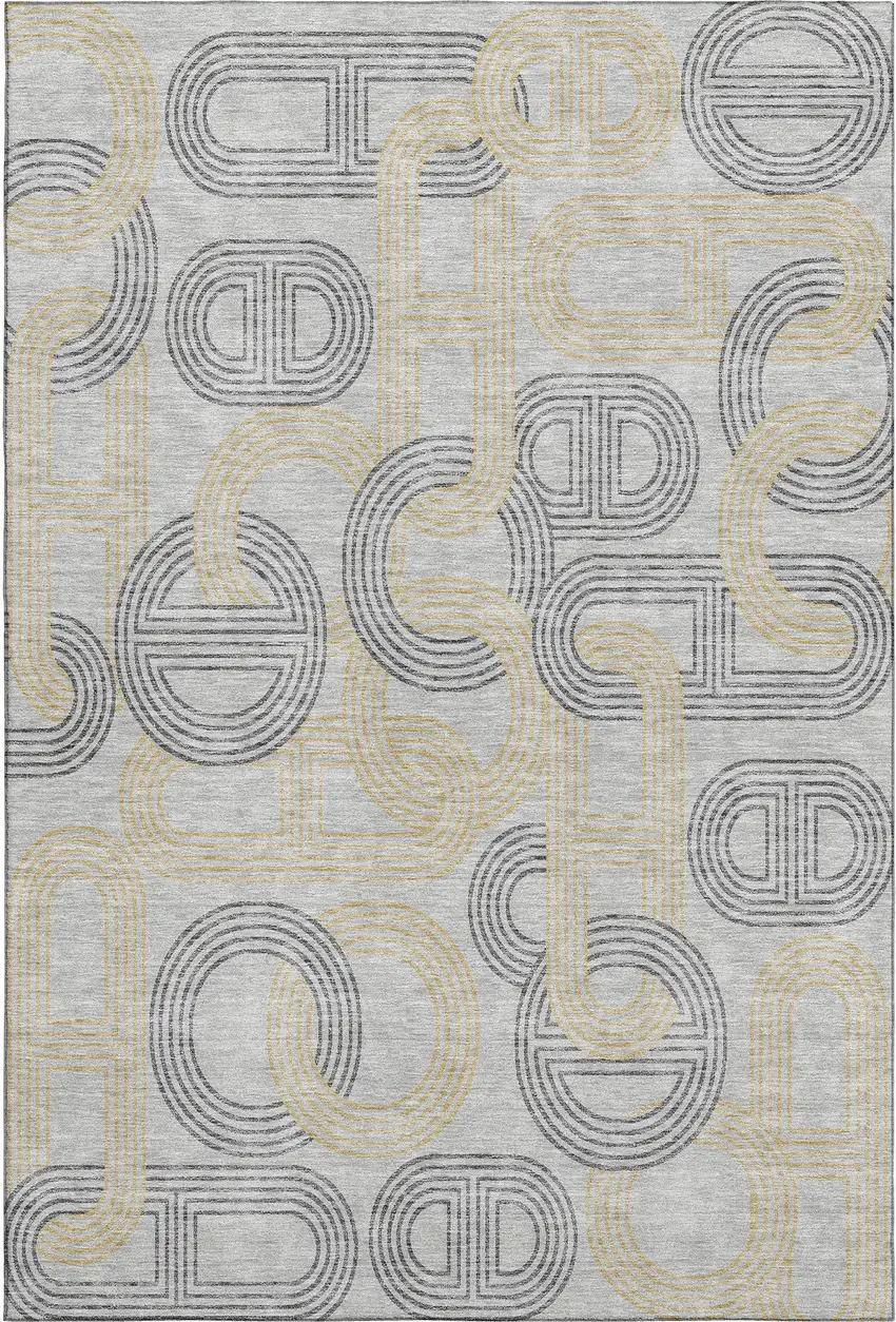 Gray Charcoal And Gold Geometric Washable Area Rug With UV Protection Photo 1