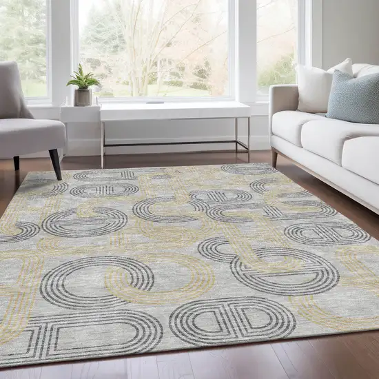 Gray Charcoal And Gold Geometric Washable Area Rug With UV Protection Photo 5