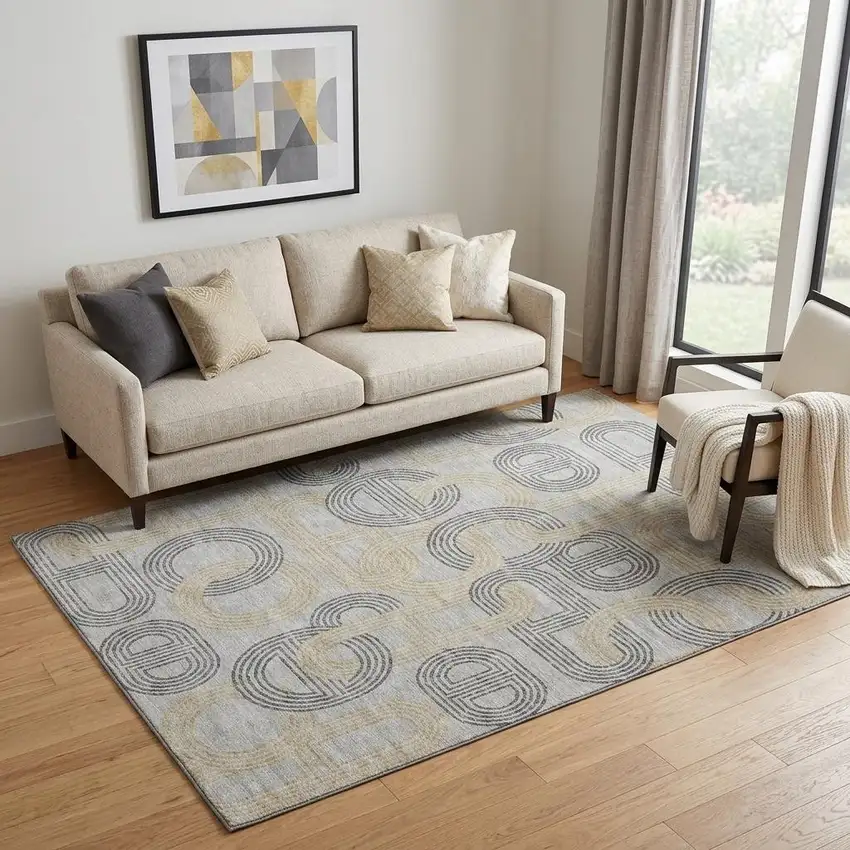 Gray Charcoal And Gold Geometric Washable Area Rug With UV Protection Photo 1