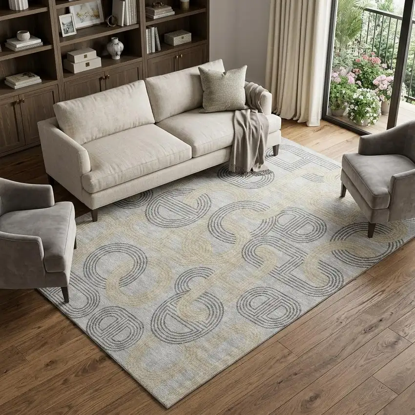 Gray Charcoal And Gold Geometric Washable Area Rug With UV Protection Photo 1