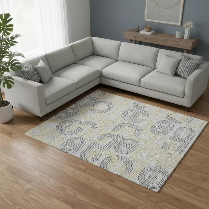 Gray Charcoal And Gold Geometric Washable Area Rug With UV Protection Photo 2