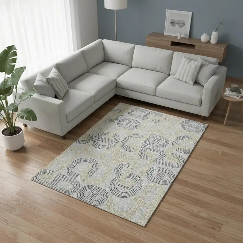 Gray Charcoal And Gold Geometric Washable Area Rug With UV Protection Photo 2