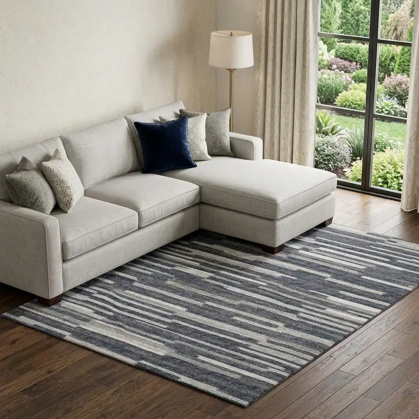 Gray Charcoal And Ivory Abstract Washable Area Rug With UV Protection Photo 1