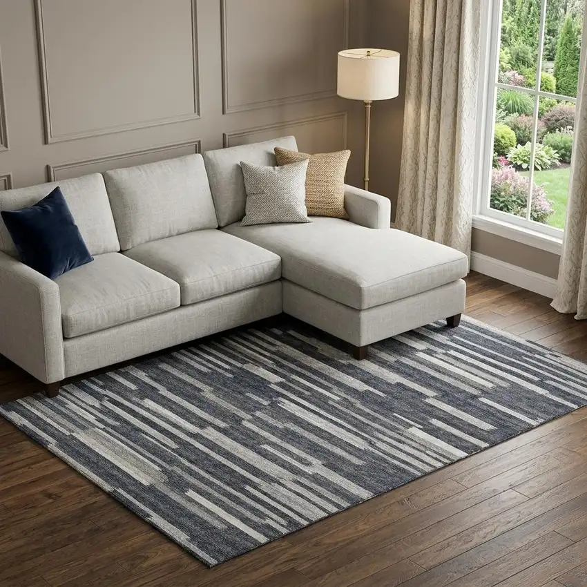 Gray Charcoal And Ivory Abstract Washable Area Rug With UV Protection Photo 1