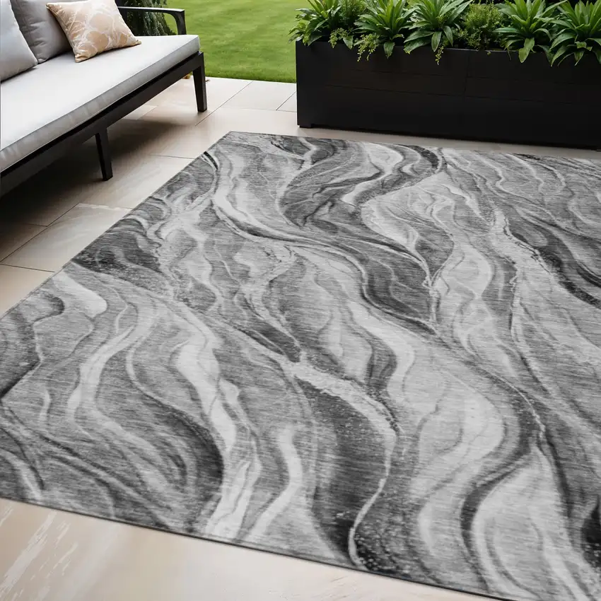 Gray Charcoal And Ivory Abstract Washable Indoor Outdoor Area Rug Photo 1