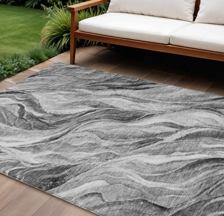 Gray Charcoal And Ivory Abstract Washable Indoor Outdoor Area Rug Photo 1