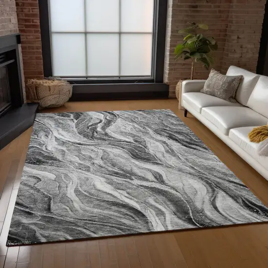 Gray Charcoal And Ivory Abstract Washable Indoor Outdoor Area Rug Photo 8