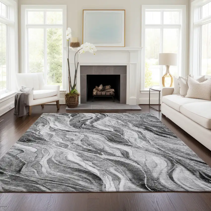 Gray Charcoal And Ivory Abstract Washable Indoor Outdoor Area Rug Photo 7