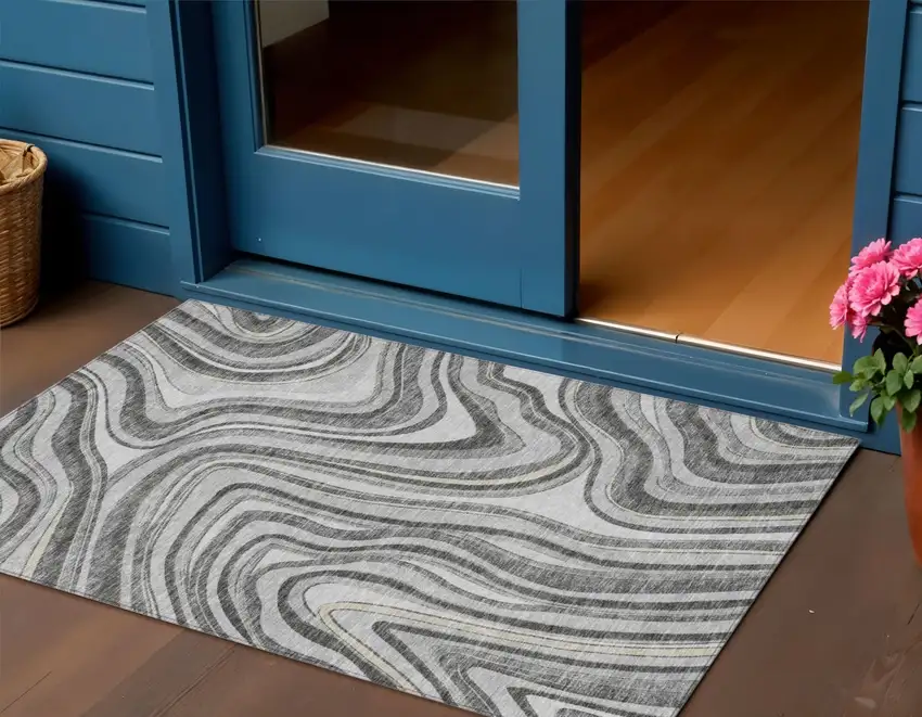 Gray Charcoal And Ivory Abstract Washable Indoor Outdoor Area Rug Photo 1
