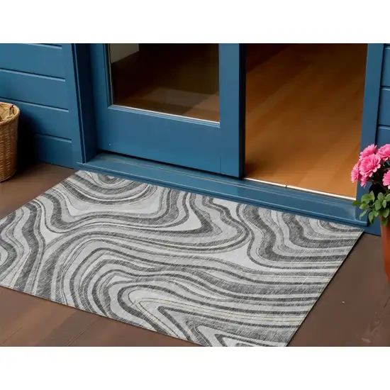 Gray Charcoal And Ivory Abstract Washable Indoor Outdoor Area Rug Photo 1