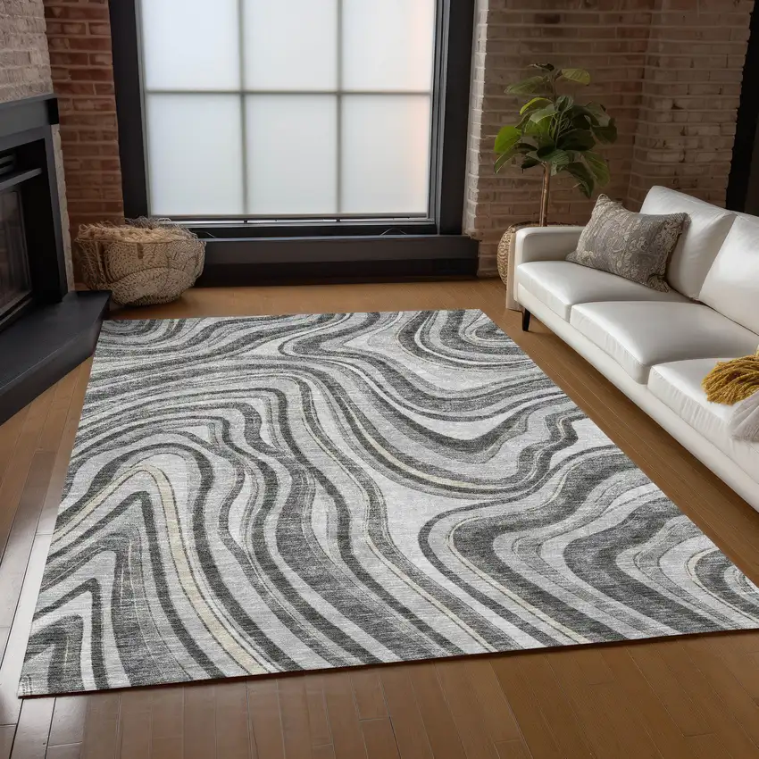 Gray Charcoal And Ivory Abstract Washable Indoor Outdoor Area Rug Photo 8