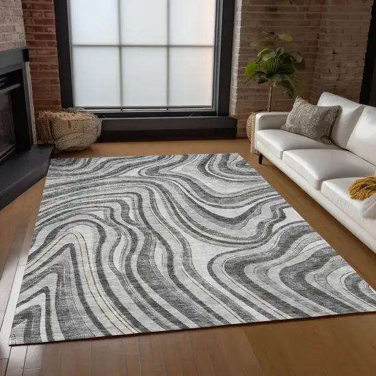 Gray Charcoal And Ivory Abstract Washable Indoor Outdoor Area Rug Photo 8