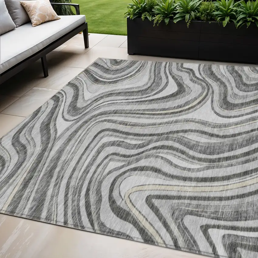Gray Charcoal And Ivory Abstract Washable Indoor Outdoor Area Rug Photo 1