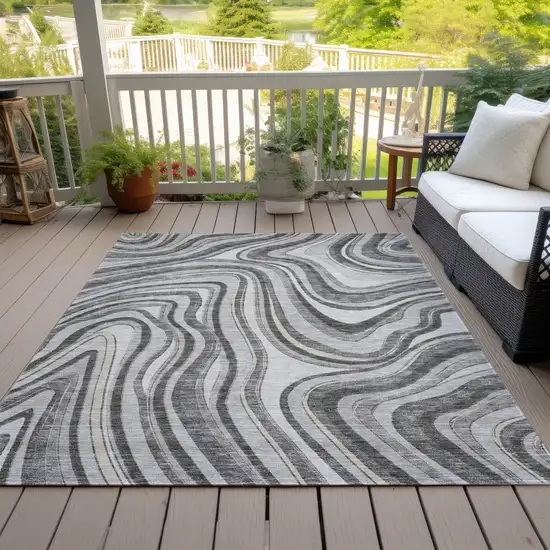 Gray Charcoal And Ivory Abstract Washable Indoor Outdoor Area Rug Photo 6