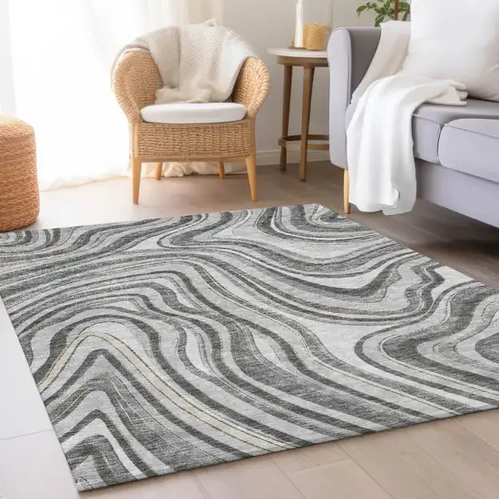Gray Charcoal And Ivory Abstract Washable Indoor Outdoor Area Rug Photo 7