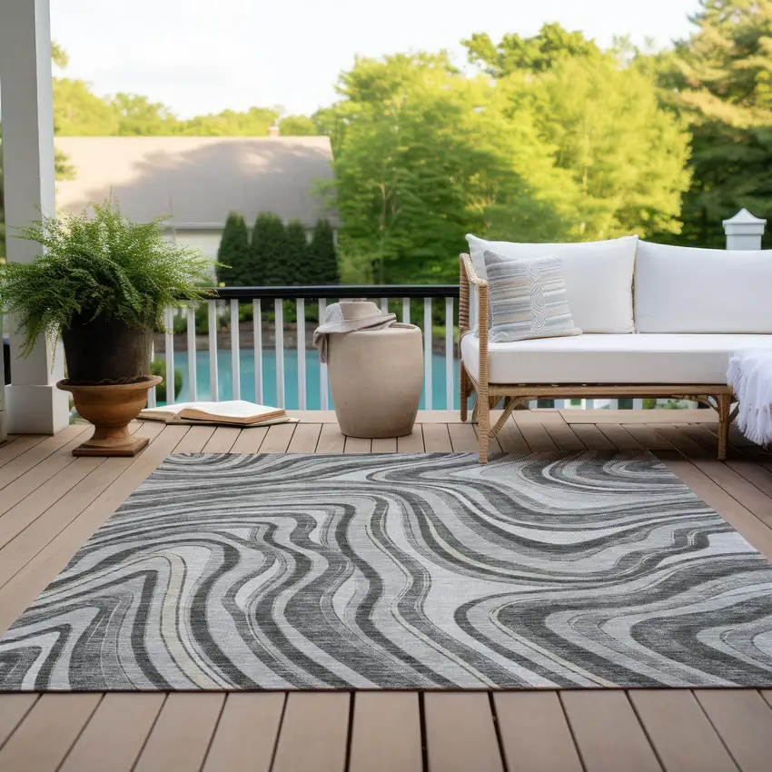 Gray Charcoal And Ivory Abstract Washable Indoor Outdoor Area Rug Photo 9
