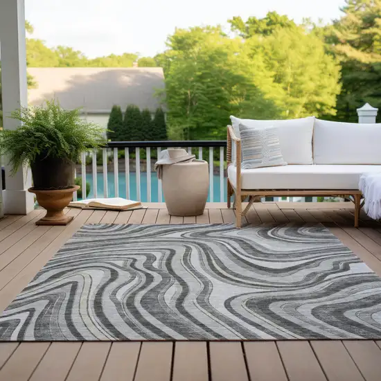 Gray Charcoal And Ivory Abstract Washable Indoor Outdoor Area Rug Photo 9