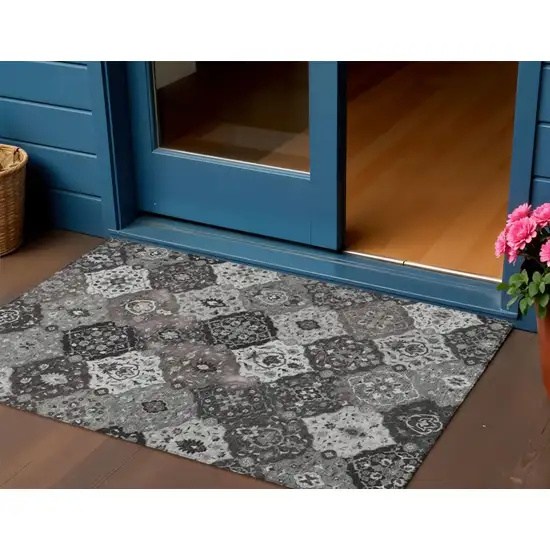 Gray Charcoal And Ivory Floral Medallion Washable Indoor Outdoor Area Rug Photo 1