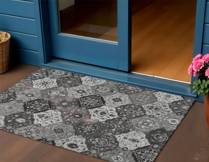 Gray Charcoal And Ivory Floral Medallion Washable Indoor Outdoor Area Rug Photo 1