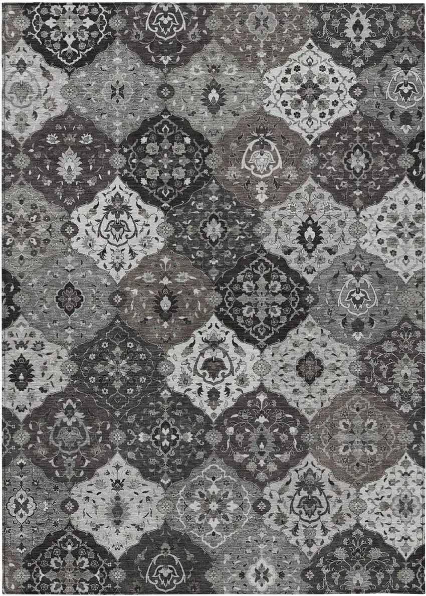 Gray Charcoal And Ivory Floral Medallion Washable Indoor Outdoor Area Rug Photo 2