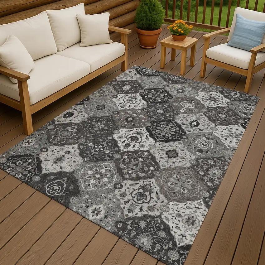 Gray Charcoal And Ivory Floral Medallion Washable Indoor Outdoor Area Rug Photo 9