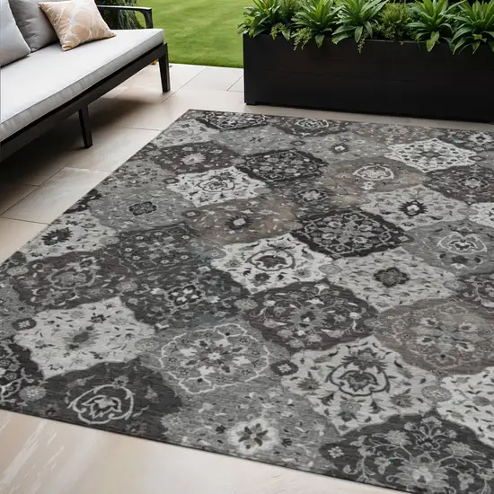 Gray Charcoal And Ivory Floral Medallion Washable Indoor Outdoor Area Rug Photo 1