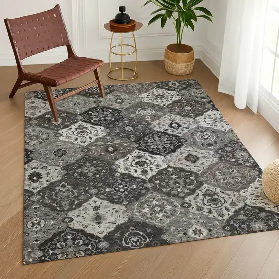 Gray Charcoal And Ivory Floral Medallion Washable Indoor Outdoor Area Rug Photo 8