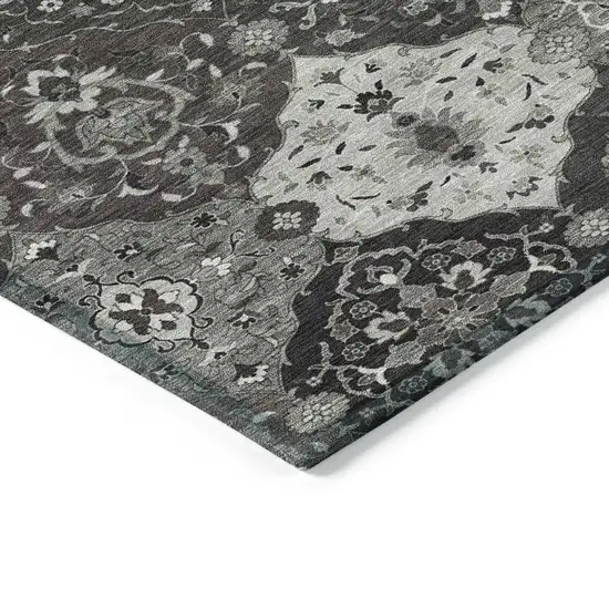 Gray Charcoal And Ivory Floral Medallion Washable Indoor Outdoor Area Rug Photo 6