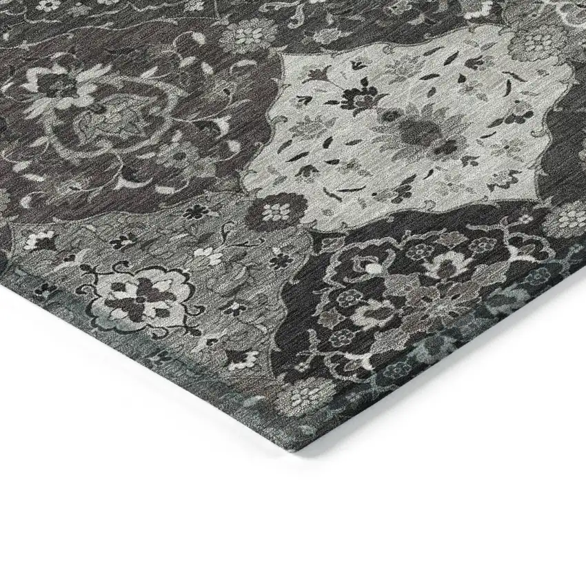 Gray Charcoal And Ivory Floral Medallion Washable Indoor Outdoor Area Rug Photo 6