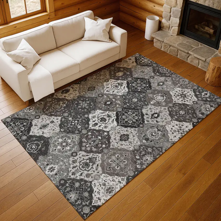 Gray Charcoal And Ivory Floral Medallion Washable Indoor Outdoor Area Rug Photo 8