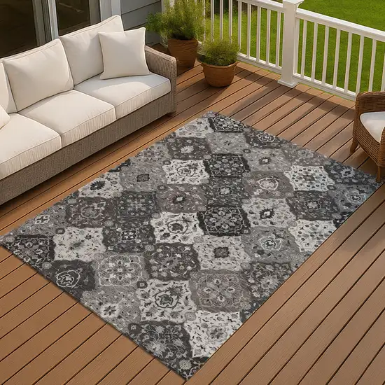 Gray Charcoal And Ivory Floral Medallion Washable Indoor Outdoor Area Rug Photo 7