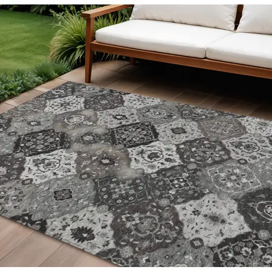Gray Charcoal And Ivory Floral Medallion Washable Indoor Outdoor Area Rug Photo 1