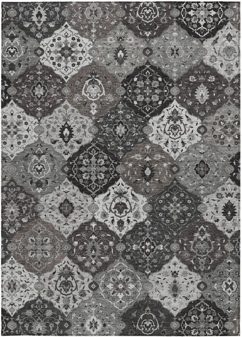 Gray Charcoal And Ivory Floral Medallion Washable Indoor Outdoor Area Rug Photo 4