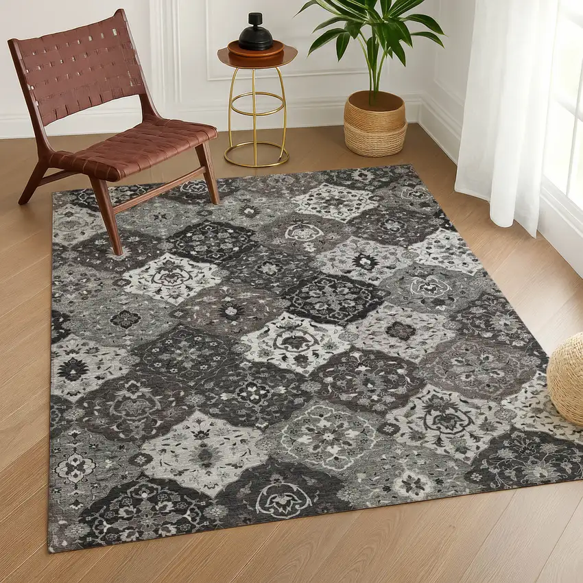 Gray Charcoal And Ivory Floral Medallion Washable Indoor Outdoor Area Rug Photo 9