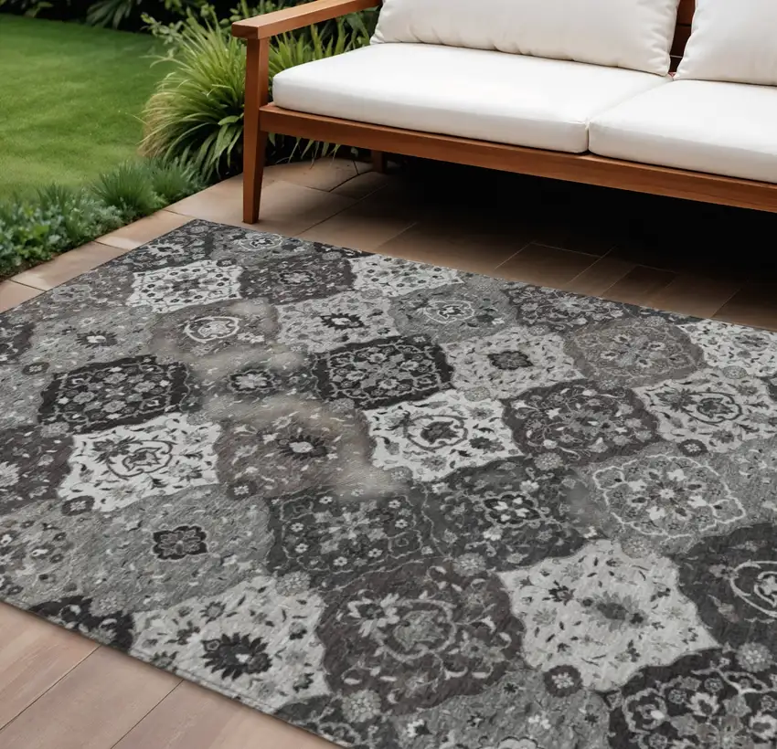 Gray Charcoal And Ivory Floral Medallion Washable Indoor Outdoor Area Rug Photo 1