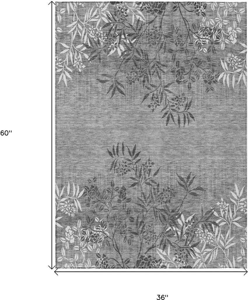 Gray Charcoal And Ivory Floral Washable Indoor Outdoor Area Rug Photo 3