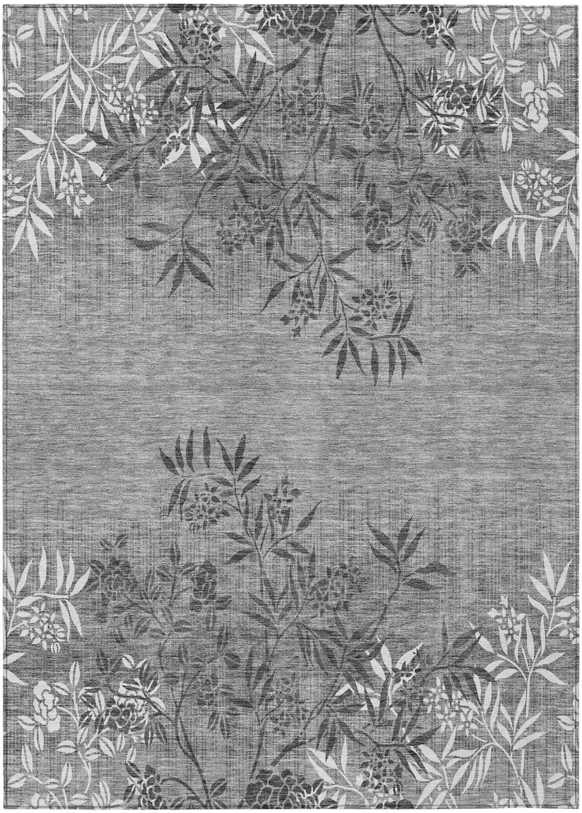 Gray Charcoal And Ivory Floral Washable Indoor Outdoor Area Rug Photo 2