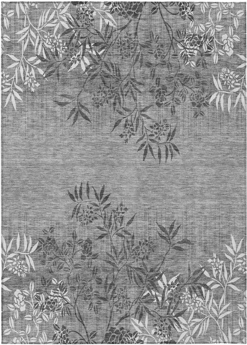 Gray Charcoal And Ivory Floral Washable Indoor Outdoor Area Rug Photo 2