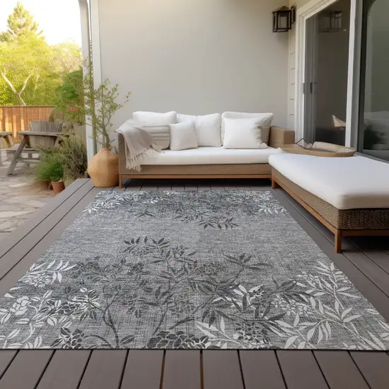 Gray Charcoal And Ivory Floral Washable Indoor Outdoor Area Rug Photo 8