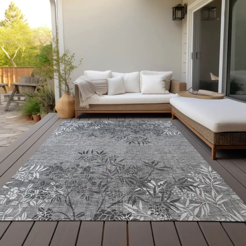 Gray Charcoal And Ivory Floral Washable Indoor Outdoor Area Rug Photo 8