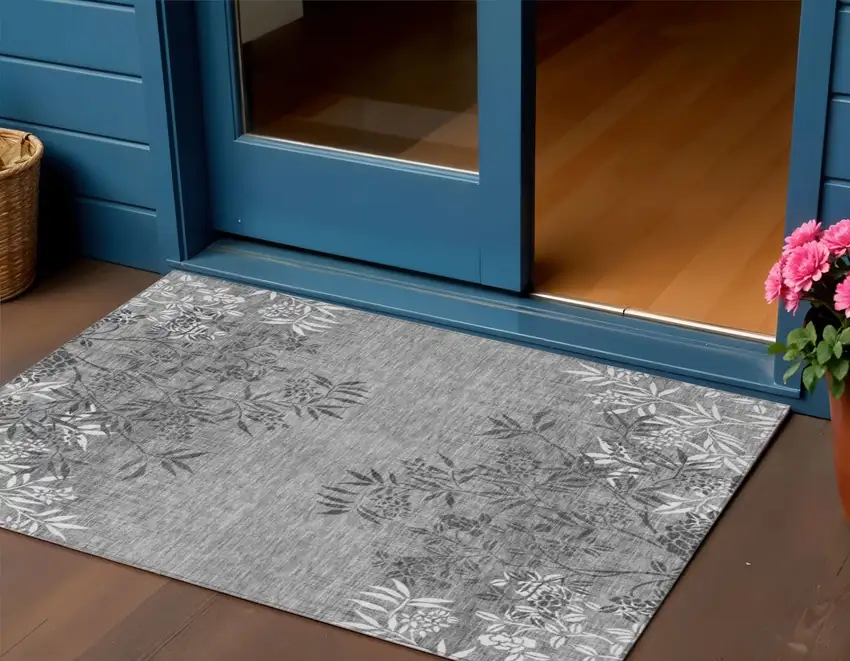 Gray Charcoal And Ivory Floral Washable Indoor Outdoor Area Rug Photo 1