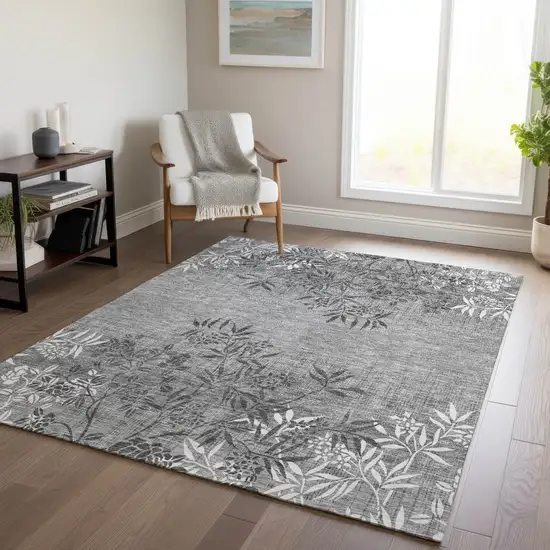 Gray Charcoal And Ivory Floral Washable Indoor Outdoor Area Rug Photo 9