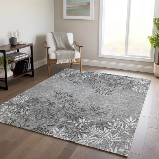 Gray Charcoal And Ivory Floral Washable Indoor Outdoor Area Rug Photo 9