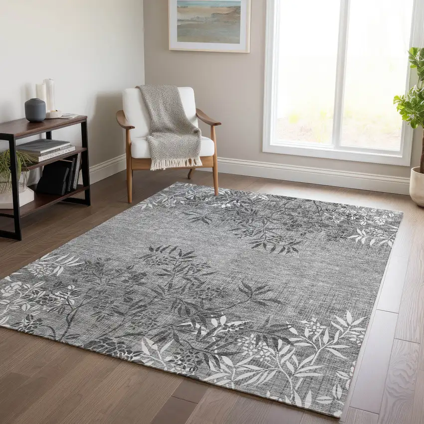 Gray Charcoal And Ivory Floral Washable Indoor Outdoor Area Rug Photo 9
