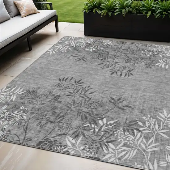 Gray Charcoal And Ivory Floral Washable Indoor Outdoor Area Rug Photo 1