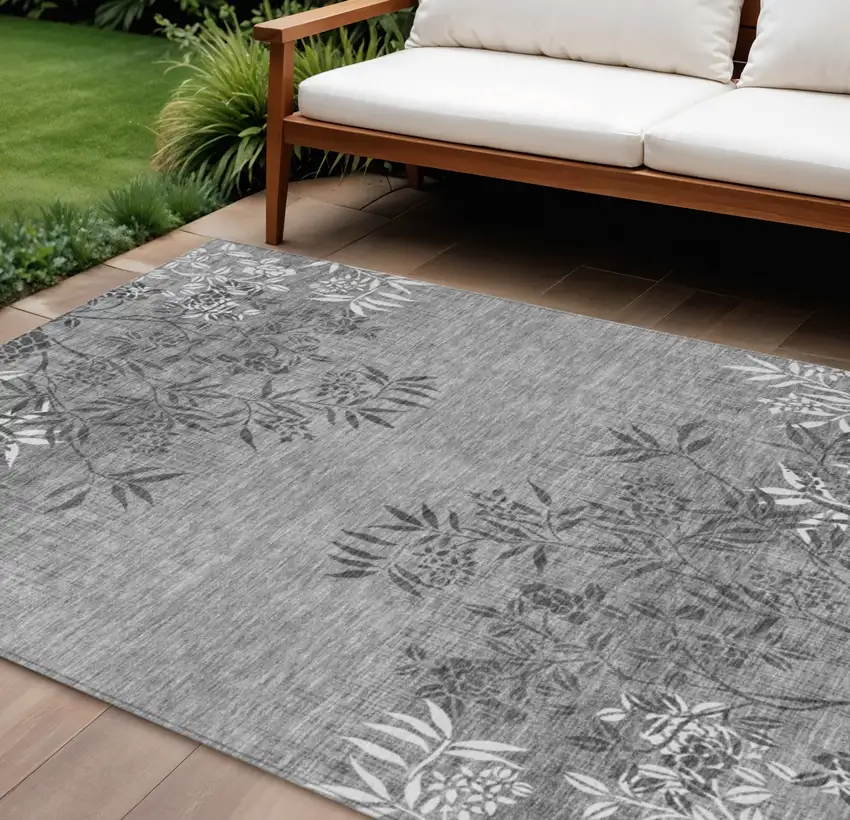 Gray Charcoal And Ivory Floral Washable Indoor Outdoor Area Rug Photo 1