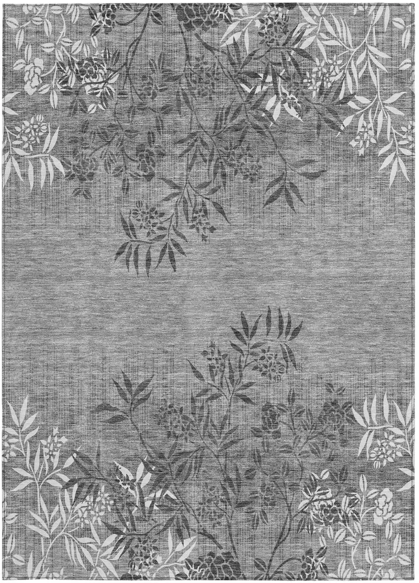 Gray Charcoal And Ivory Floral Washable Indoor Outdoor Area Rug Photo 7
