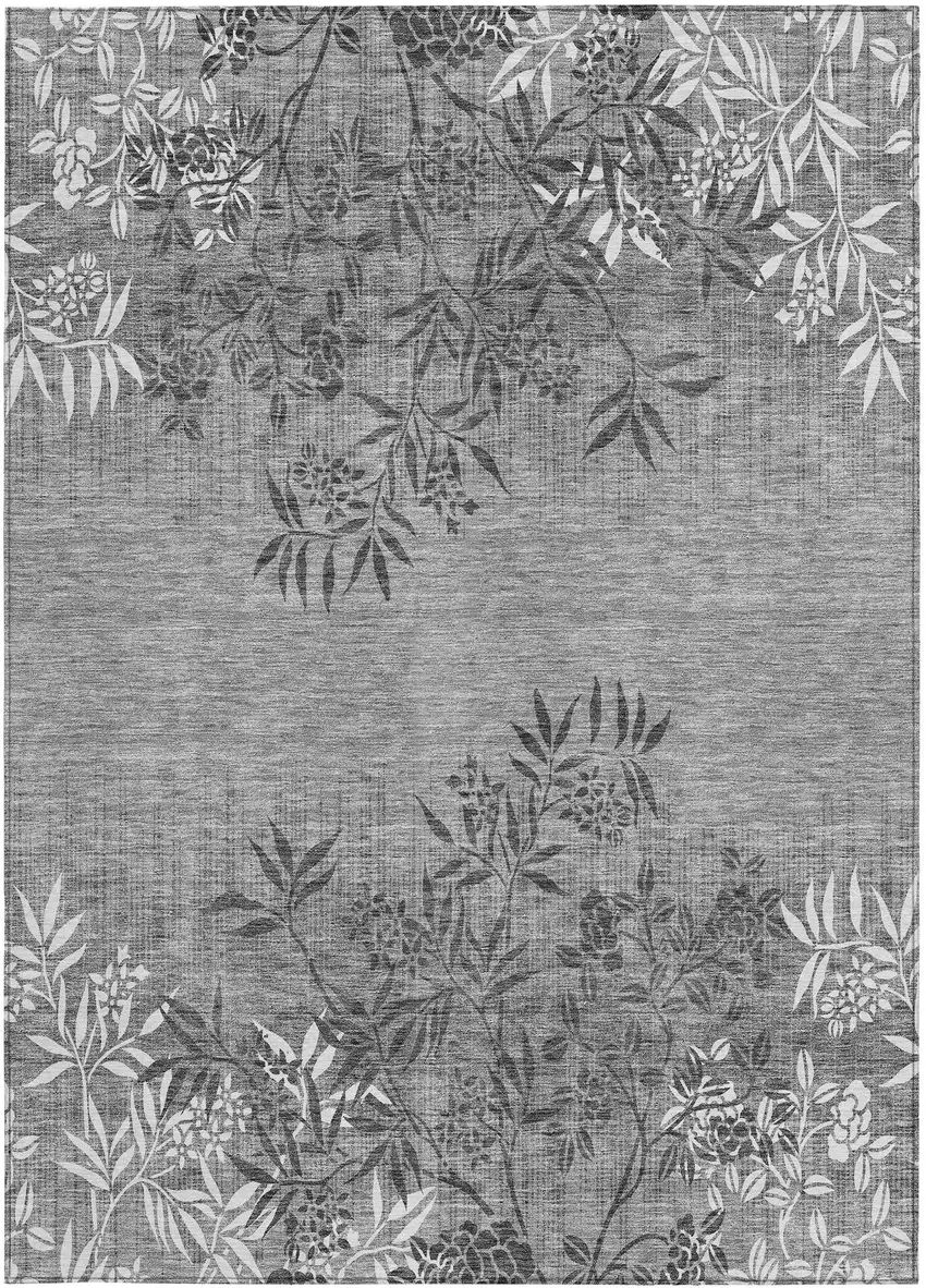 Gray Charcoal And Ivory Floral Washable Indoor Outdoor Area Rug Photo 7