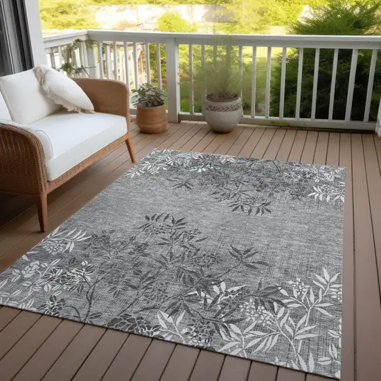 Gray Charcoal And Ivory Floral Washable Indoor Outdoor Area Rug Photo 9