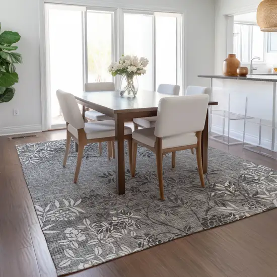 Gray Charcoal And Ivory Floral Washable Indoor Outdoor Area Rug Photo 9